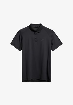 Czarna koszulka polo wykonana z gładkiego materiału, z kołnierzykiem, trzema guzikami i krótkimi rękawami. Zawiera subtelne logo na piersi.