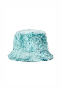 Turkusowa czapka typu bucket wykonana z miękkiego, teksturowanego materiału. Posiada okrągłą koronę oraz szeroki, płaski rondo, idealna do codziennego użytku.