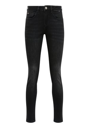 Black skinny jeans made from denim, featuring five pockets, a front button closure, and a slight sheen on the fabric.