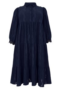 Dunkelblaues Stufenkleid mit Kragen, Knopfverschluss und 3/4-Ärmeln. Verfügt über einen strukturierten Stoff mit wellenförmigen Mustern und Spitzenbesatz an den Manschetten.