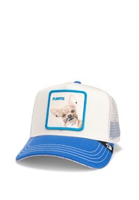 Gorra de béisbol con frontal blanco, visera azul y espalda de malla. Presenta un parche cuadrado bordado de un perro y la palabra "FUERTE".