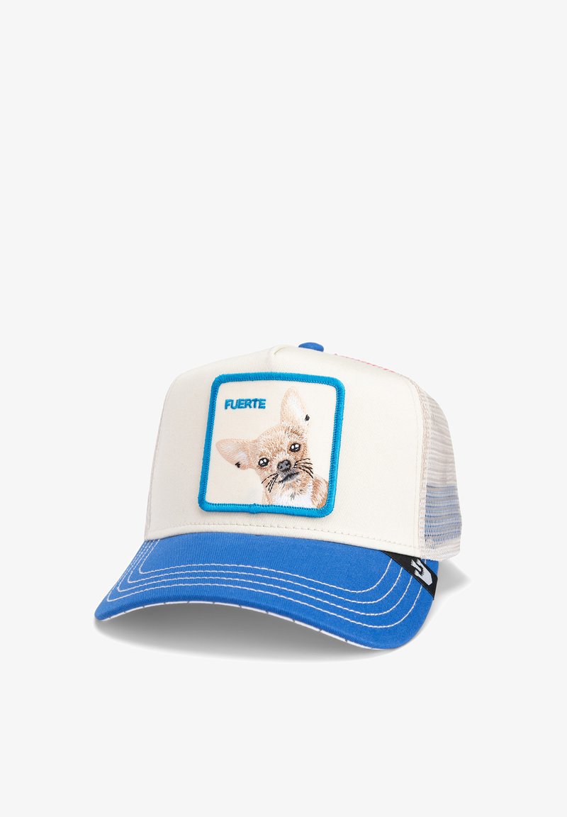 Gorra de béisbol con frontal blanco, visera azul y espalda de malla. Presenta un parche cuadrado bordado de un perro y la palabra "FUERTE".