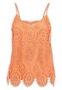 Oranges Spitzen-Tanktop mit floralem Häkelmuster, ausgestattet mit dünnen Trägern und gewelltem Saum. Leichter und strukturierter Stoff.