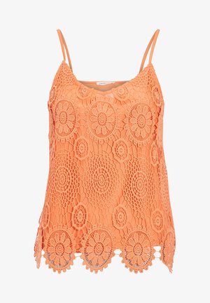 Top de tirantes de encaje naranja con patrón de ganchillo floral, que presenta tirantes finos y dobladillo de picos. Tejido ligero y texturizado.