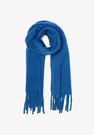 Sciarpa di lana blu dalla texture morbida, con estremità sfrangiate e design arrotolato, caratterizzata da un colore uniforme senza motivi o dettagli in metallo.