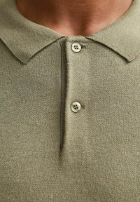 Olivgrünes Poloshirt aus Strickstoff, mit einem Kragen und zwei Knöpfen an der Knopfleiste. Glatte Textur ohne Muster.