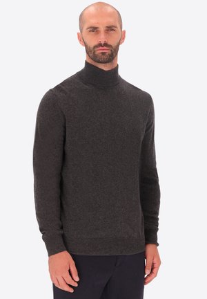 Maglione a collo alto grigio scuro realizzato in tessuto knit, con un design aderente e maniche lunghe, dotato di dettagli a coste sul collo e sull'orlo.