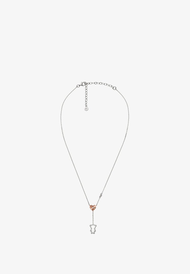 Collana in argento con accento a forma di cuore in oro rosa e un pendente a forma di orso, con un delicato dettaglio a catena e chiusura.