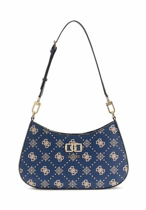 Sac à bandoulière bleu avec des breloques logo dorées et un imprimé monogramme beige à motif, sangle noire réglable et accents métalliques dorés.