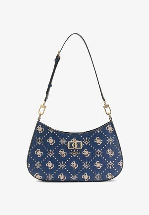 Sac à bandoulière bleu avec des breloques logo dorées et un imprimé monogramme beige à motif, sangle noire réglable et accents métalliques dorés.