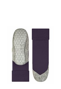 Fioletowe skarpetki z teksturowanym szarym akcentem z filcu i antypoślizgowymi podeszwami, z gładką górną częścią oraz wzmocnionym, ukształtowanym designem palców.