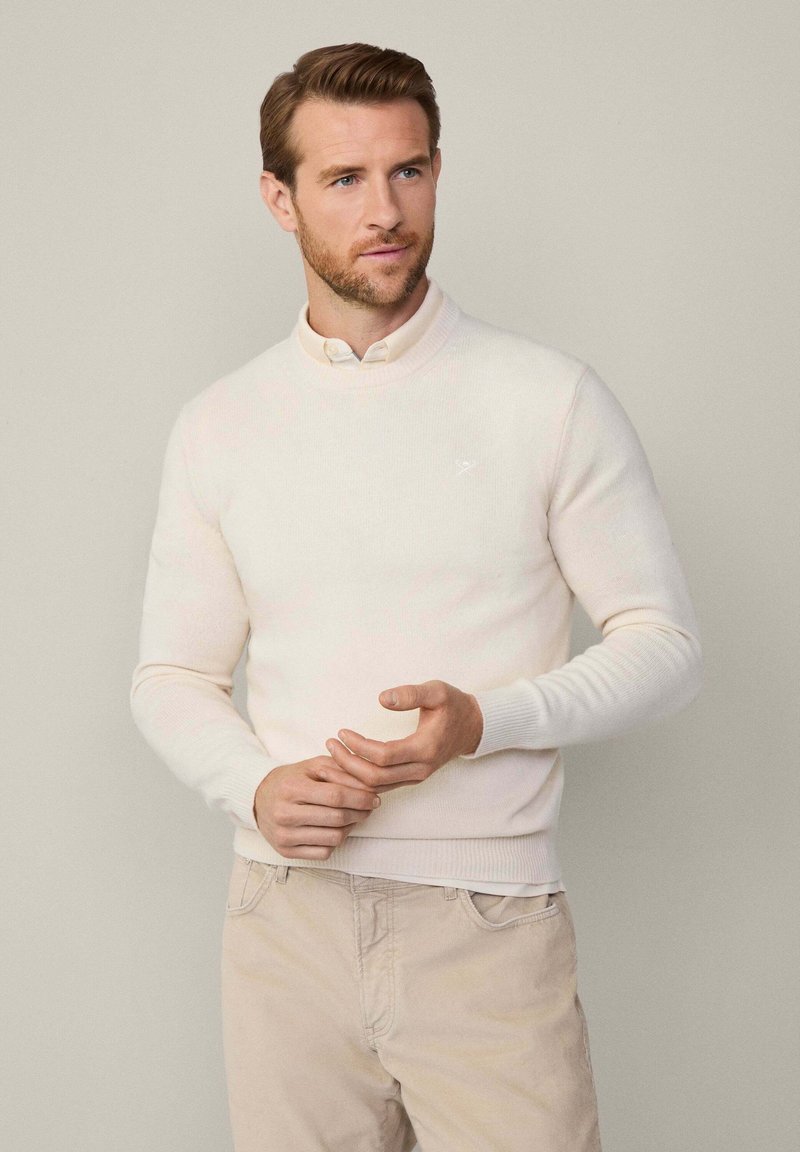 Muž s krátkými hnědými vlasy a vousy, oblečený v krémovém svetr over košilí s límečkem a béžových kalhotách, stojící proti jednobarevnému béžovému pozadí.