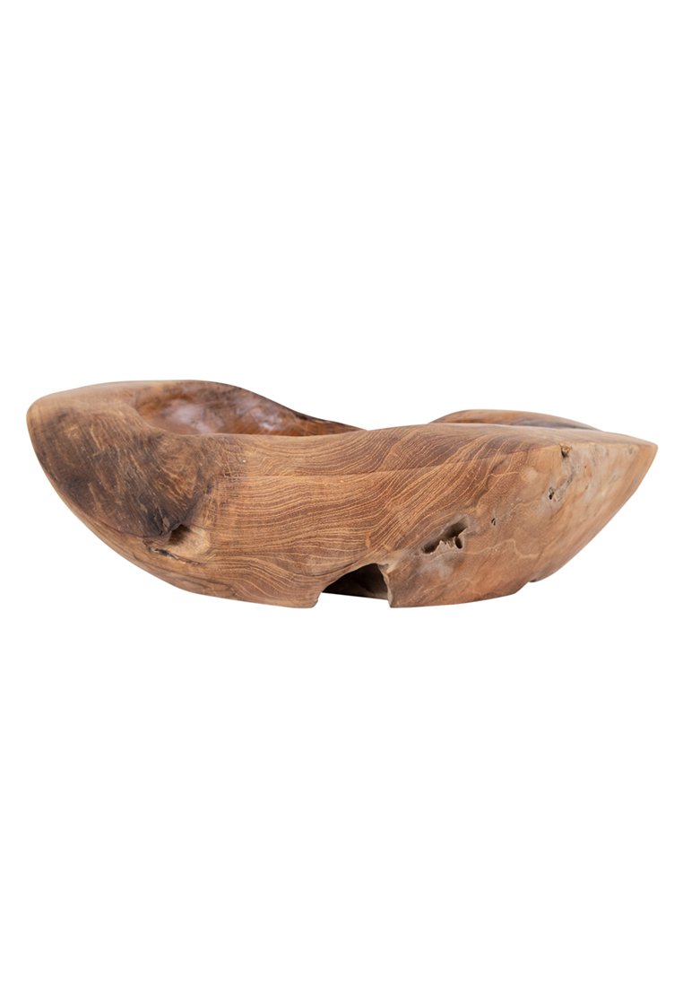 Natürliche Holzschale mit einer geschwungenen, organischen Form, die eine glatte Oberfläche und rohe Kanten aufweist. Reichbraune Farbe mit sichtbarer Maserung und Knötchen.
