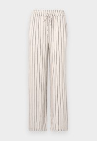 Pantalons en lin à rayures verticales bleu marine, avec taille élastique et détail de cordon de serrage. Coupe ample avec jambes droites et texture douce.