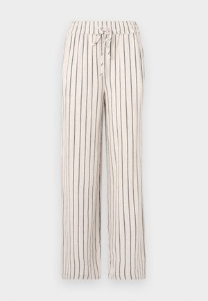 Linenbukser med vertikale marineblå striper, elastisk midjebånd og snøre. Løs passform med rette ben og myk tekstur.