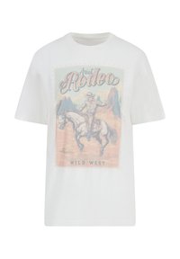 White cotton t-shirt featuring a retro rodeo graphic with a cowboy on a horse, surrounded by a desert landscape and decorative studs.