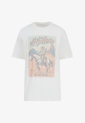 Weißes Baumwoll-T-Shirt mit einem Retro-Rodeo-Grafikdesign, das einen Cowboys auf einem Pferd zeigt, umgeben von einer Wüstenlandschaft und dekorativen Nieten.