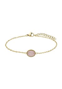 Gouden kettingarmband met een ovale rozenkwarts steen, gezet in een kralenomlijsting, met een kreeftsluiting en een verstelbare lengte.