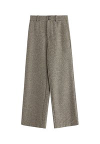 Kalhoty s širokými nohavicemi v černo-béžovém houndstooth vzoru, s poutky na pásek a dvojitým knoflíkovým zapínáním v pase.