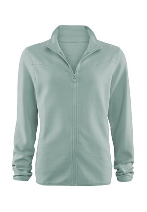 Light green full-zip jacket with stand collar and long sleeves, featuring subtle horizontal ribbed texture and a circular zipper pull.
