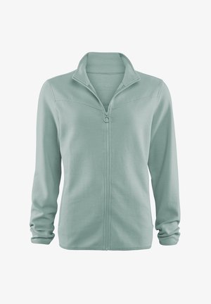 Hellgrüne Jacke mit durchgehendem Reißverschluss, Stehkragen und langen Ärmeln, mit subtiler horizontaler Rippstruktur und einem runden Reißverschlussanhänger.