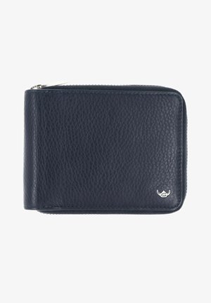 Black textured leather wallet with zipper closure and small silver logo in the bottom right corner on a white background.