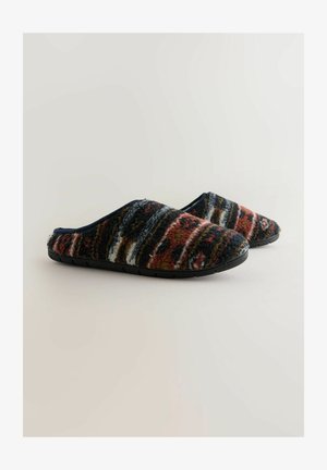 Wełniane klapki wsuwane z ciemnoniebieskim, czerwonym, pomarańczowym i kremowym wzorem w paski; czarna gumowa podeszwa; miękka tekstura.