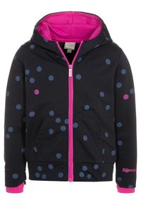 Felpa nera con zip e interno rosa, caratterizzata da pois multicolori. Include una tasca frontale e il logo "Bench." in rosa sulla manica.