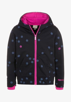 Czarna bluza zip z różowym wnętrzem, z wielokolorowymi kropkami. Zawiera przednią kieszeń oraz różowe logo "Bench." na rękawie.