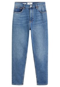 Siniset farkut, joissa on korkea vyötärö, suora lahje, viisi taskua ja kuparin väriset niitit. Hieman haalistuneet kuluneen ilmeen saavuttamiseksi.