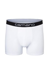 Boxer brevissimi bianchi in cotone con un elastico nero in vita che presenta il nome del brand "camano" in lettere bianche. Texture liscia, design aderente.