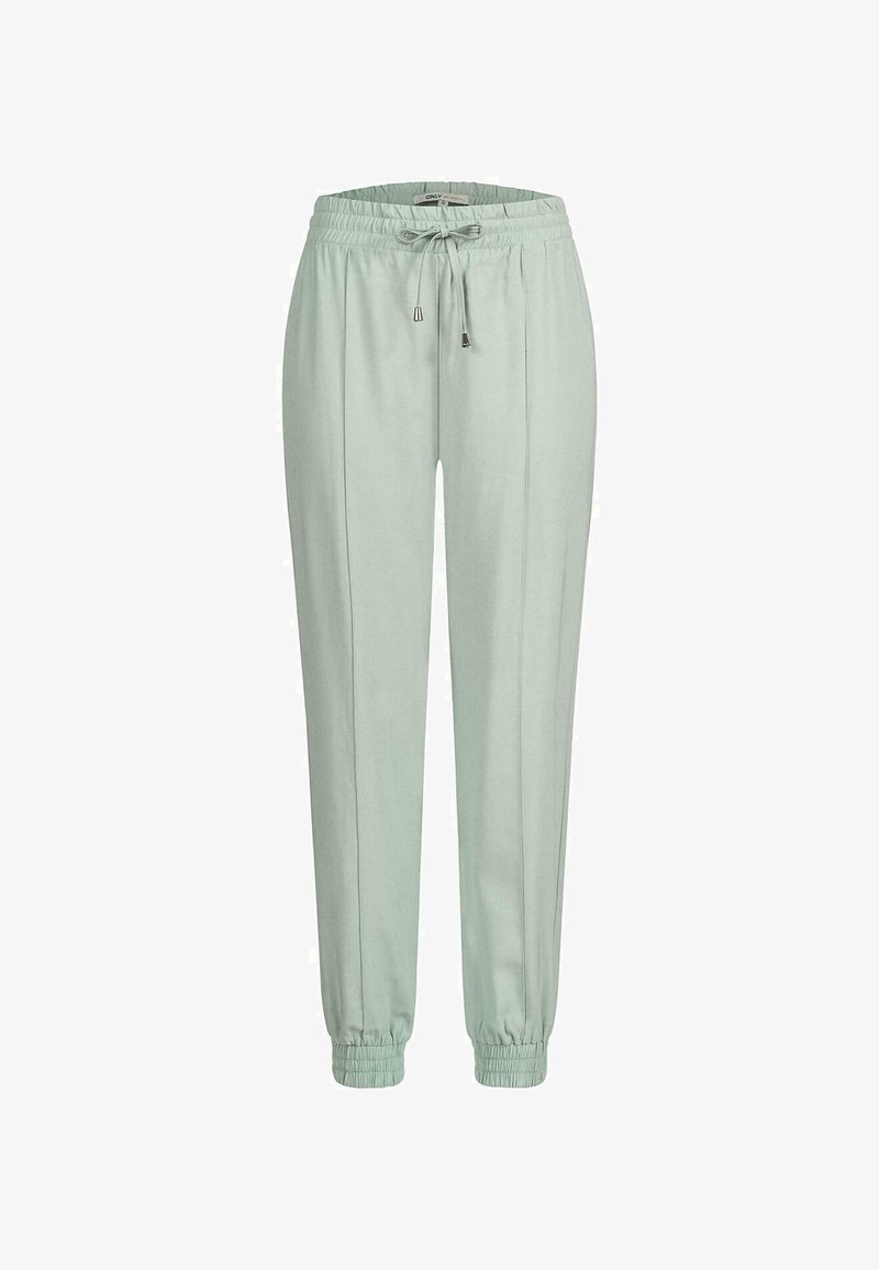 Hellgrüne Jogginghosen aus weichem Material mit einem elastischen Taillenbund, Kordelzug und elastischen Bündchen an den Knöcheln. Vertikale Nahtdetails.