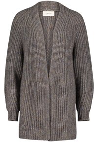 Chunky stickad öppen cardigan i blandade grå och bruna nyanser, med långa puffärmar och ribbade manchetter.