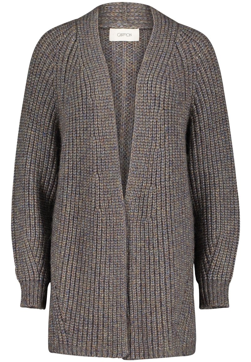Chunky stickad öppen cardigan i blandade grå och bruna nyanser, med långa puffärmar och ribbade manchetter.