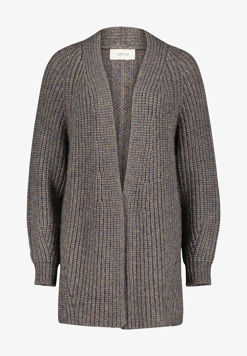 Chunky stickad öppen cardigan i blandade grå och bruna nyanser, med långa puffärmar och ribbade manchetter.