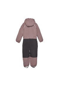 Barnas vinterdress i mørkegrå og mauve, med hette, elastisk midje og elastiske mansjetter. Glatt tekstur med reflekterende detaljer.