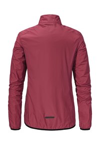 Bordeauxfarbene, leichte Jacke mit hohem Kragen, langen Ärmeln und elastischen Bündchen. Glatte Textur mit einem schwarzen Akzent am Saum.