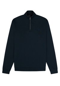 Marineblauwe longsleeve pullover met een kwartrits en een klein geborduurd adelaarlogo op de linkerborst.