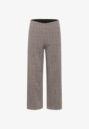 Wide-leg trousers in a plaid pattern, featuring a black waistband, primarily gray with red and black accents, made from a textured fabric.