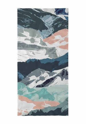 Patrón abstracto de paisaje montañoso en tonos de azul, verde azulado, gris, blanco y melocotón sobre tela rectangular con el logo de Buff.