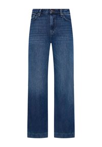 Dunkelblaue Denim-Jeans mit geradem Schnitt. Sie verfügen über fünf Taschen, einen Knopf am Bund und eine dezente Ausbleichung im gesamten Stoff.