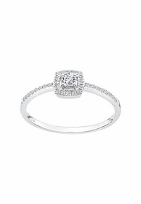 Diamantový prsteň so štvorcovým stredovým kame�ňom s vankúšikovým brúsom obklopeným halom menších diamantov, zasadený v bielom zlate, s hladkým prsteňom.