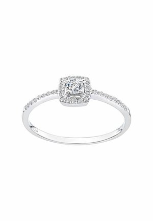 Diamantring mit einem quadratischen, kissenförmigen mittleren Stein, umgeben von einem Halo aus kleineren Diamanten, in Weißgold gefasst, mit einem glatten Band.