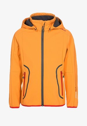 Giacca arancione con cappuccio foderato grigio, zip frontale completa, tasche con zip e accenti grigio e rosso in contrasto lungo le cuciture.