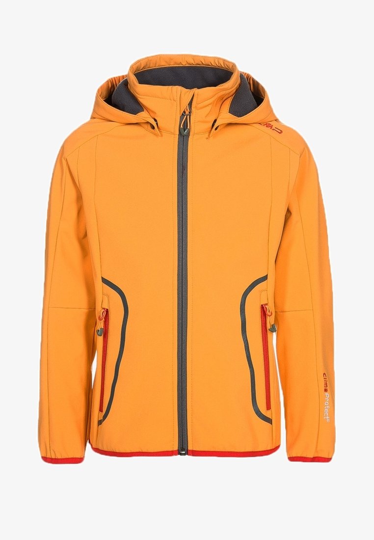 Chaqueta naranja con capucha gris forrada, cierre frontal completo, bolsillos con cremallera y acentos en gris y rojo en las costuras.