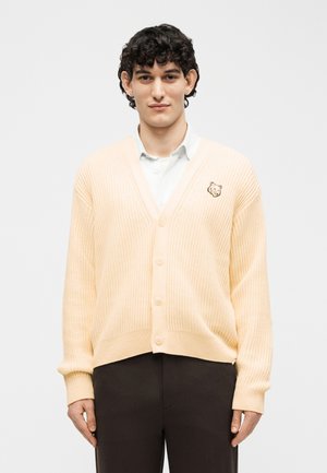 Jeune homme aux cheveux bouclés et foncés portant un cardigan crème boutonné avec un écusson en forme de tête de renard, par-dessus une chemise blanche à col.