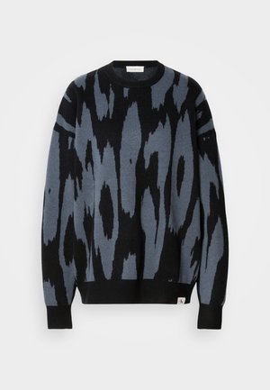 Maglione lavorato a maglia nero e blu con motivo astratto, scollo rotondo, maniche lunghe e polsini e orlo a coste.