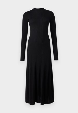 Black ribbed long-sleeve dress with a round neckline, fitted bodice, and flared hem. Made from stretchy fabric, features vertical texture.