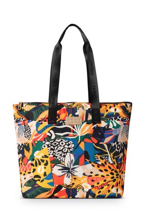 Colorful tote bag with bold, abstract patterns in various colors, featuring a gold logo plate and black straps with text. Zippered closure.