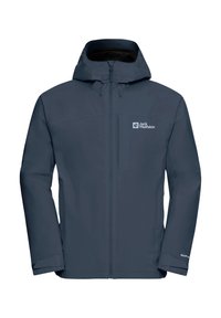 Giacca impermeabile blu navy con zip frontale, cappuccio regolabile e logo sul petto sinistro. Esterno liscio con polsini elasticizzati.